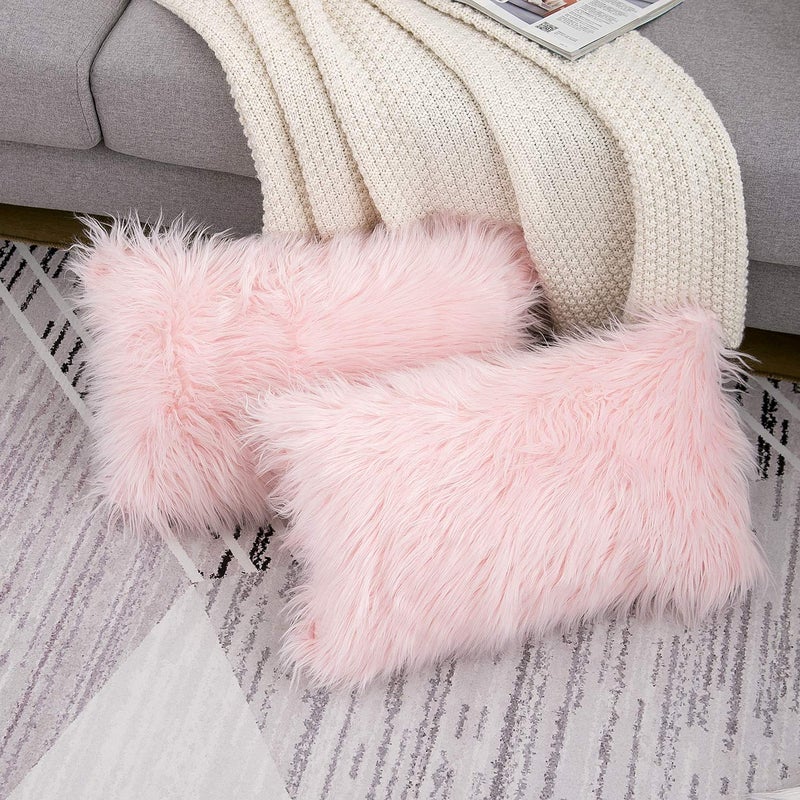 WLNUI Set of 2 Valentines Day Pink Fluffy Pillow Covers New Luxury Series Merino Style Blush Faux Fur Decorative Throw Pillow Covers Square Fuzzy Cushion Case 12x20 Inch - Image 2